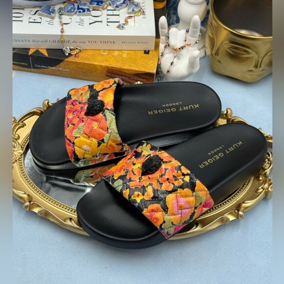 🆕 KURT GEIGER LONDON 🧿 NWOB Meena Eagle Black Floral Print Slides, Sz 37 US 7 - Picture 9 of 13